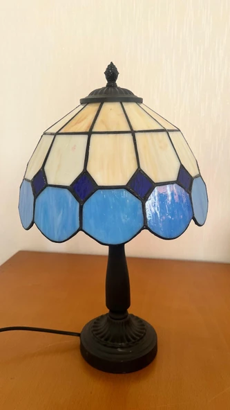 Yüceeller El Yapımı Vitray Retro Barok Abajur Masa Lambası Oturma Yatak Odası mavi beyaz - 5