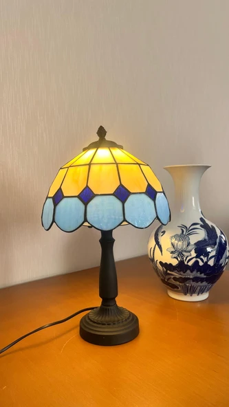 Yüceeller El Yapımı Vitray Retro Barok Abajur Masa Lambası Oturma Yatak Odası mavi beyaz - 2