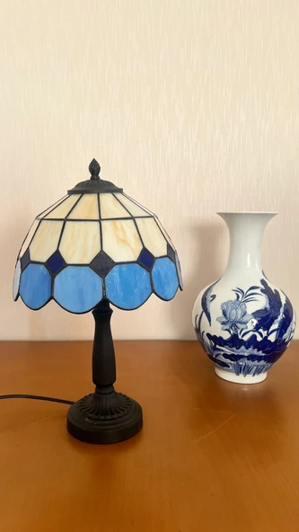 Yüceeller El Yapımı Vitray Retro Barok Abajur Masa Lambası Oturma Yatak Odası mavi beyaz