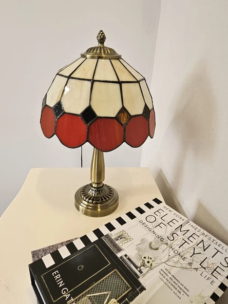 Yüceeller El Yapımı Eskitme Vitray Retro Barok Abajur Masa Lambası Oturma Yatak Odası kırmızı beyaz - 2