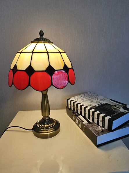 Yüceeller El Yapımı Eskitme Vitray Retro Barok Abajur Masa Lambası Oturma Yatak Odası kırmızı beyaz - 3
