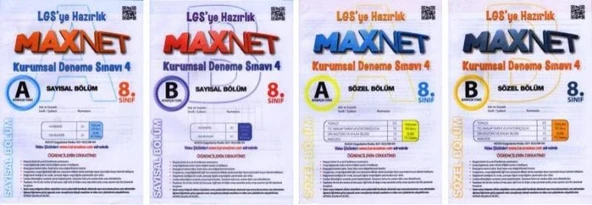 8. Sınıf Maxnet LGS'ye Hazırlık Kurumsal Deneme Sınavı 4 Sayısal Bölüm A - B + Sözel Bölüm A + B Kitapçığı (4 Kitap Takım)
