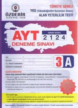 Özdebir Yayınları Türkiye Geneli AYT Deneme Sınavı 3 A Ktapçığı