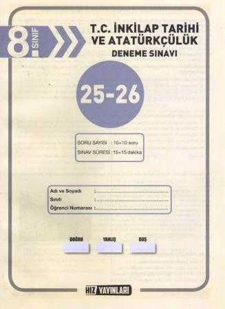 Hız Yayınları 8. Sınıf T.C. İnkılap Tarihi ve Atatürkçülük Deneme Sınavı 25-26