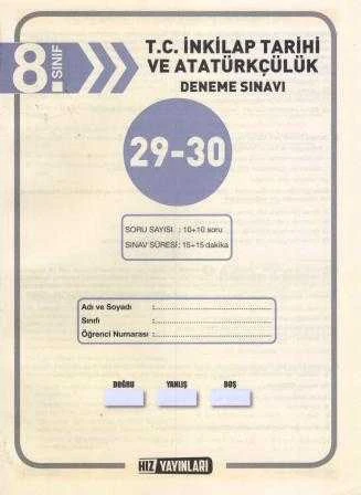 Hız Yayınları 8. Sınıf T.C. İnkılap Tarihi ve Atatürkçülük Deneme Sınavı 29-30