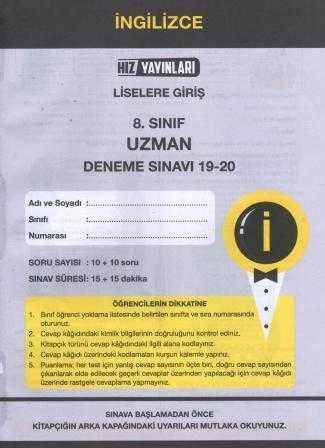Hız Yayınları 8. Sınıf  İngilizce Uzman Deneme Sınavı 19-20