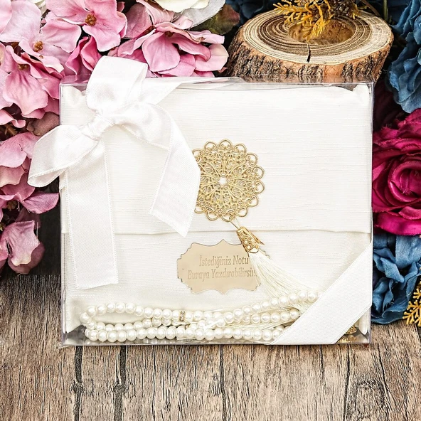 Hediyelik Şantuk Kese Yasin ve Tesbih Süslemeli Asetat Kutulu (17×15) Set Krem - 1