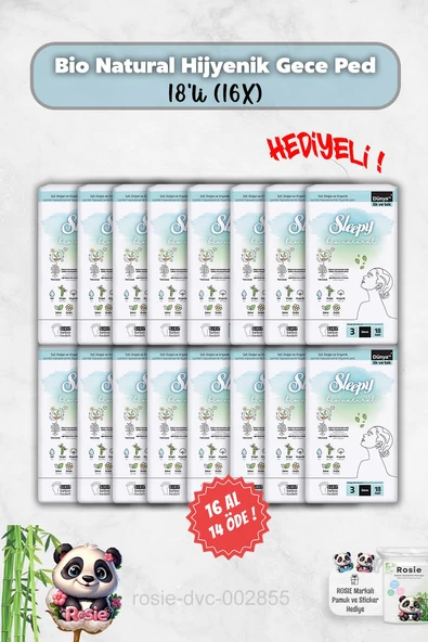 Sleepy 16 Al 14 Öde Hijyenik Ped Gece 18'li Bio Natural ve Rosie Hediye ürün görseli