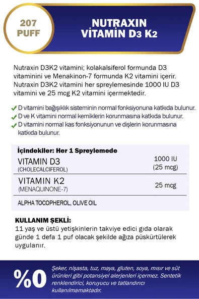 NUTRAXIN D3K2 30 Ml Sprey - 1000 IU D3 vitamini, 25 mcg K2 vitamini 8680512631590 - 2