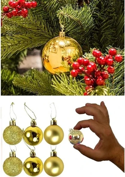 12 Lİ Süs Mini Yılbaşı Topu Noel Çam Ağacı Topu 12 Adet Gold 2,5 cm Süs Topu Parlak Gold Mat Gold - 2