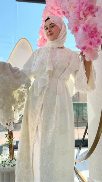 Fransız Dantel İşleme Detaylı Hamile Tesettür Lohusa Sabahlık Elbise Beyaz 001 - 3