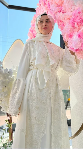 Fransız Dantel İşleme Detaylı Hamile Tesettür Lohusa Sabahlık Elbise Beyaz 001 - 5