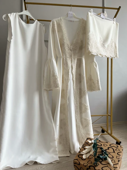 Fransız Dantel İşleme Detaylı Hamile Tesettür Lohusa Sabahlık Elbise Beyaz 001 - 4