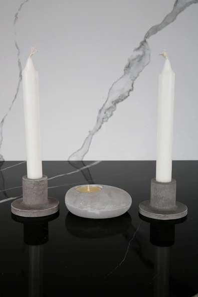 3 Parça El Yapımı Beton Mumluk Set - 1