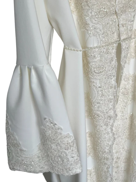 Fransız Dantel İşleme Detaylı Hamile Tesettür Lohusa Sabahlık Elbise Beyaz 001