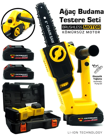 Germany Style Pro Kömürsüz Motor Otomatik Yağlamalı Mini Şarjlı Dal Budama Testeresi