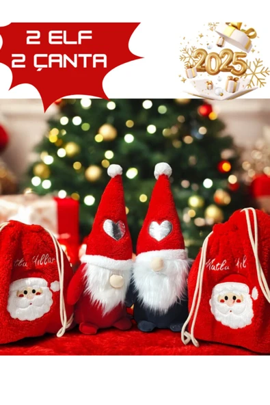 tosbai Yılbaşı Hediyesi Cüce Elf Kırmızı Ve Gri Ve Çanta Seçeneği 45 Cm Yılbaşı Dekoru Ve Peluş Oyuncağı