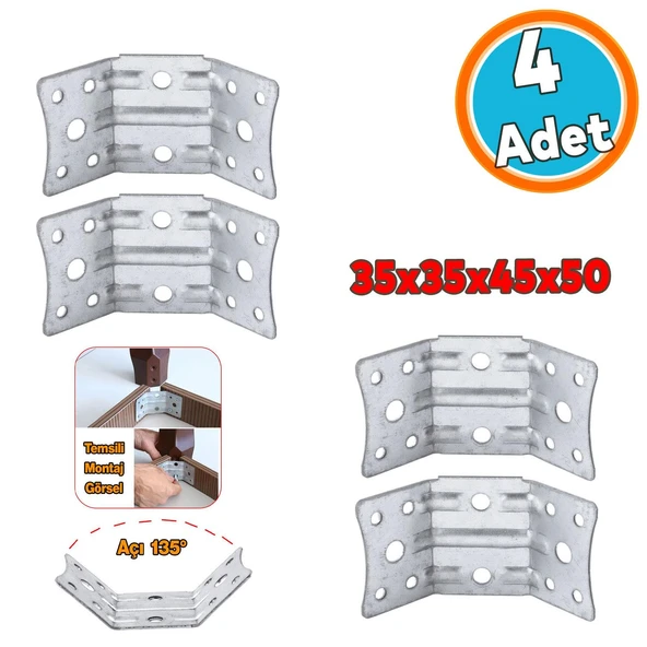Açılı Köşe Birleştirme 135° Bağlantı Aparatı 4 Adet Mobilya Köşebent Sacı Gönye Metal 35x35x50 mm ürün görseli