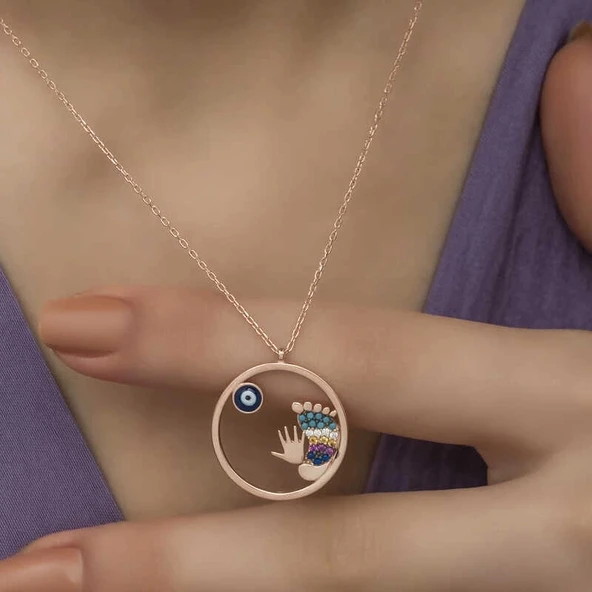 Gümüş Rose Nazarlı El ve Ayak İzi Bayan Kolye - Resim 6