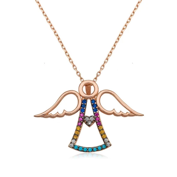 Gümüş Rose Kalpli Melek Bayan Kolye ürün görseli