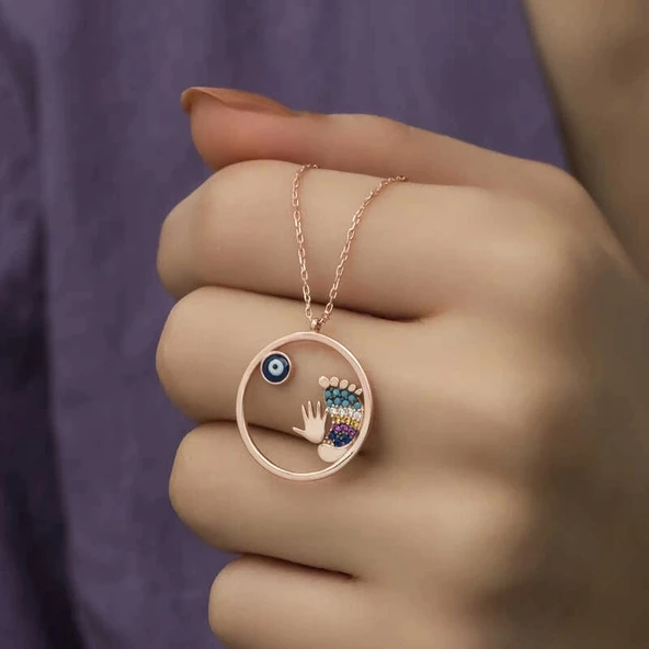 Gümüş Rose Nazarlı El ve Ayak İzi Bayan Kolye - Resim 7