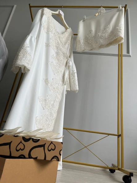 Fransız Dantel İşleme Detaylı Hamile Tesettür Lohusa Sabahlık Elbise Beyaz 002 - 6