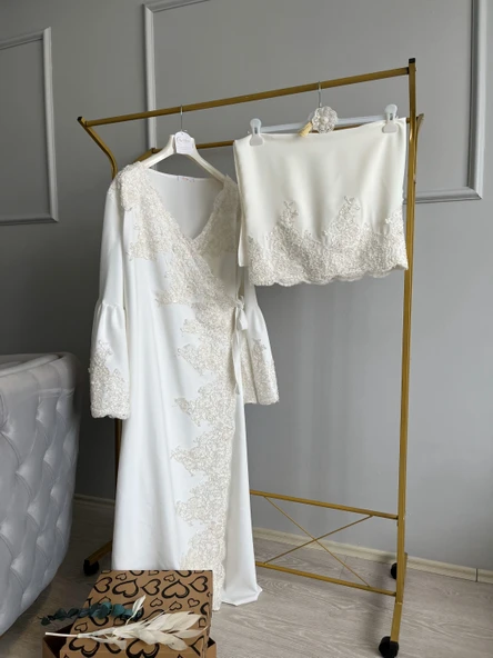 Fransız Dantel İşleme Detaylı Hamile Tesettür Lohusa Sabahlık Elbise Beyaz 002 - 3