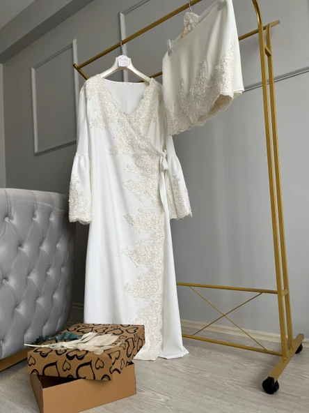 Fransız Dantel İşleme Detaylı Hamile Tesettür Lohusa Sabahlık Elbise Beyaz 002 - 4