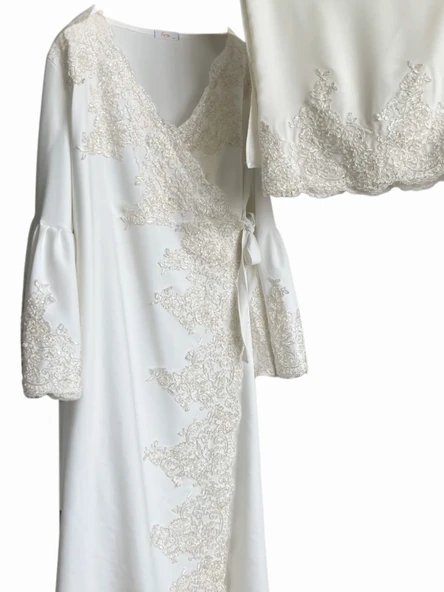 Fransız Dantel İşleme Detaylı Hamile Tesettür Lohusa Sabahlık Elbise Beyaz 002