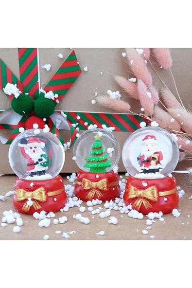3'lü Set Kar Küre Işıklı Özel Tasarım Dekoratif Yılbaşı Yeni Yıl Işıklı Noel Baba ve Noel Ağacı 6 CM