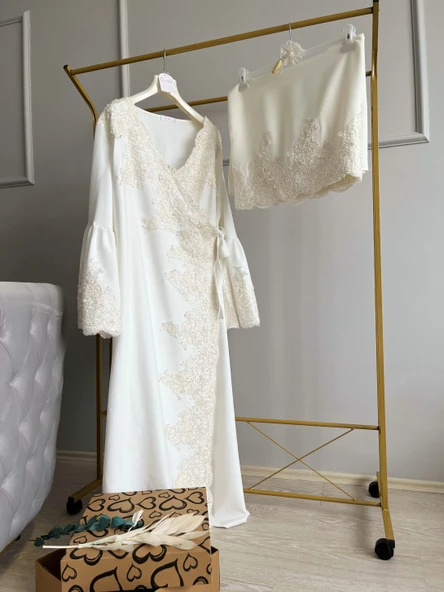 Fransız Dantel İşleme Detaylı Hamile Tesettür Lohusa Sabahlık Elbise Beyaz 002 - 5