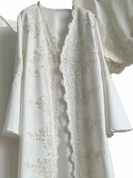 Fransız Dantel İşleme Detaylı Hamile Tesettür Lohusa Sabahlık Elbise Beyaz 003 - 2