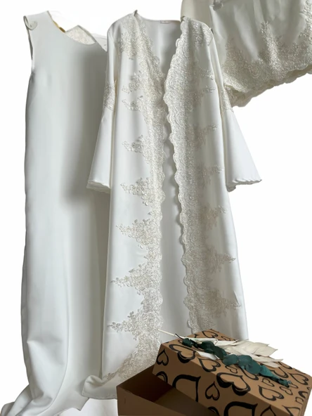 Fransız Dantel İşleme Detaylı Hamile Tesettür Lohusa Sabahlık Elbise Beyaz 003