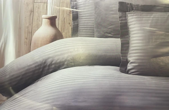 Maxstyle Saten Çizgili Antrasit Çift Kişilik Nevresim Takımı