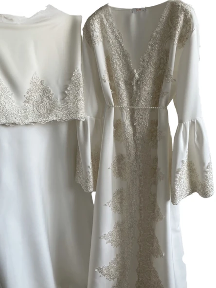 Fransız Dantel İşleme Detaylı Hamile Tesettür Lohusa Sabahlık Elbise Beyaz 004