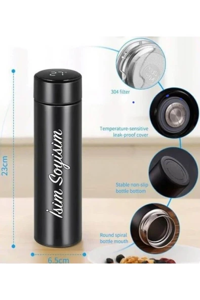 İsme Kişiye Özel Termos Matara Siyah Dereceli Çelik Dijital Led Sıcaklık Göstergeli Termos 500 ML - 2