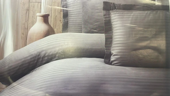 Maxstyle Saten Çizgili Antrasit Çift Kişilik Nevresim Takımı - 2