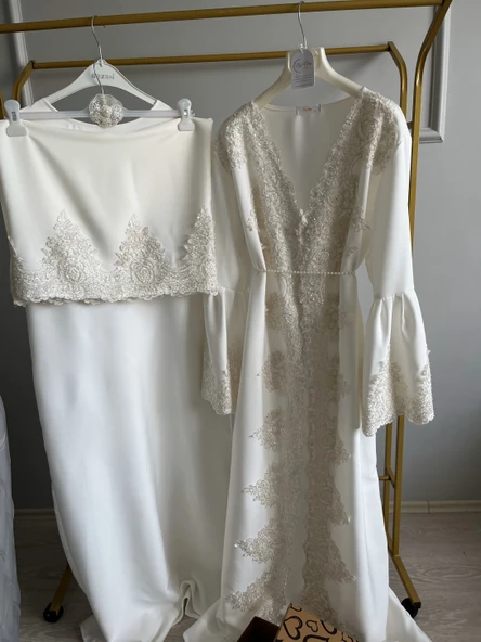 Fransız Dantel İşleme Detaylı Hamile Tesettür Lohusa Sabahlık Elbise Beyaz 004 - 2