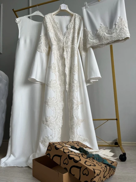 Fransız Dantel İşleme Detaylı Hamile Tesettür Lohusa Sabahlık Elbise Beyaz 005 - 4