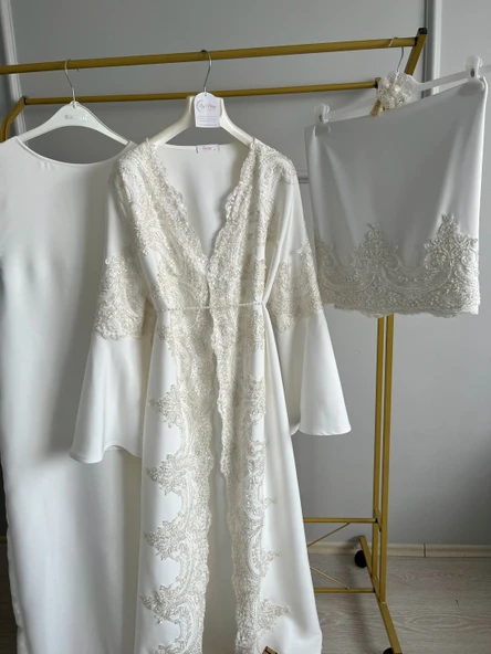 Fransız Dantel İşleme Detaylı Hamile Tesettür Lohusa Sabahlık Elbise Beyaz 005 - 3