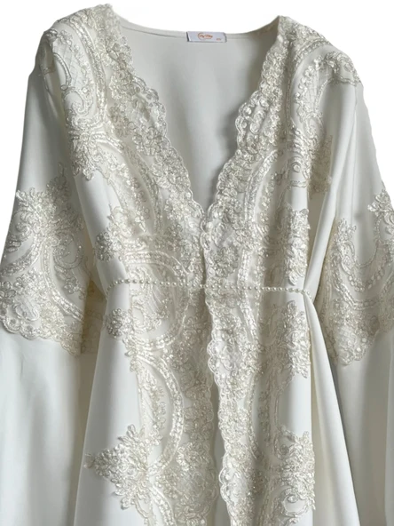 Fransız Dantel İşleme Detaylı Hamile Tesettür Lohusa Sabahlık Elbise Beyaz 005 - 2