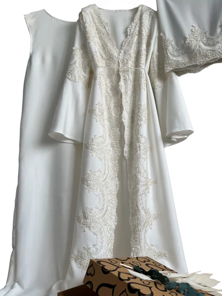 Fransız Dantel İşleme Detaylı Hamile Tesettür Lohusa Sabahlık Elbise Beyaz 005