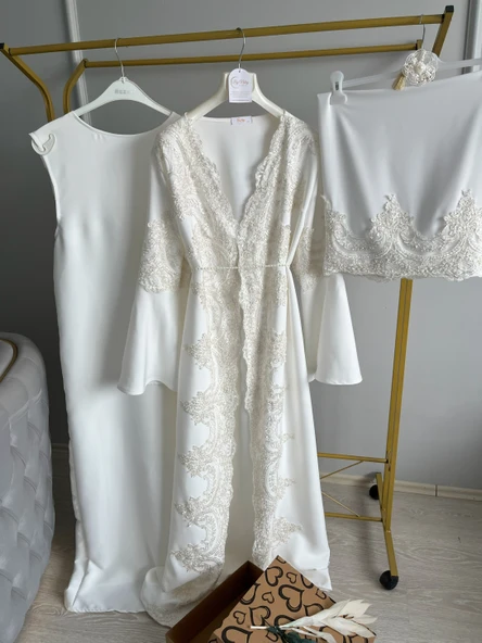 Fransız Dantel İşleme Detaylı Hamile Tesettür Lohusa Sabahlık Elbise Beyaz 005 - 5