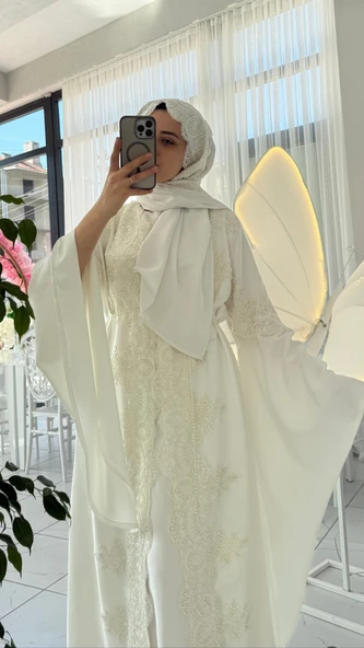 Fransız Dantel İşleme Detaylı Hamile Tesettür Lohusa Sabahlık Elbise Beyaz 006 - 2