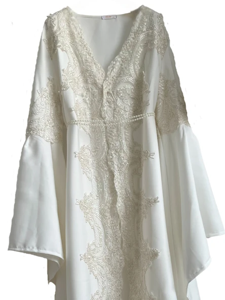 Fransız Dantel İşleme Detaylı Hamile Tesettür Lohusa Sabahlık Elbise Beyaz 006
