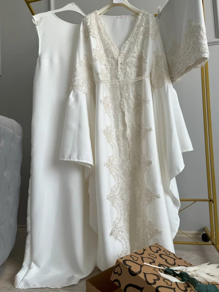 Fransız Dantel İşleme Detaylı Hamile Tesettür Lohusa Sabahlık Elbise Beyaz 006 - 3