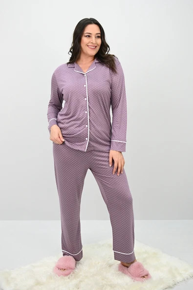 Kadın Büyük Beden Uzun Kollu Önden Düğmeli Pijama Takımı 4234-25 - 11