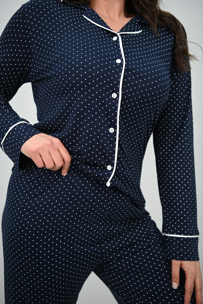 Kadın Büyük Beden Uzun Kollu Önden Düğmeli Pijama Takımı 4234-25 - 6