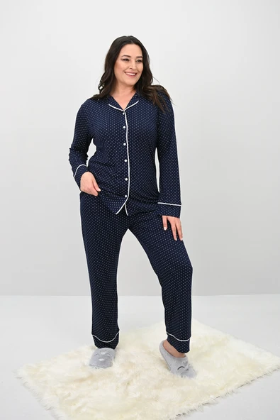 Kadın Büyük Beden Uzun Kollu Önden Düğmeli Pijama Takımı 4234-25 - 3