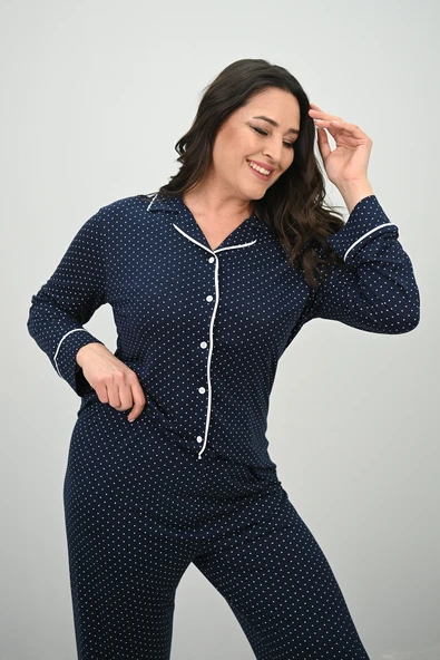 Kadın Büyük Beden Uzun Kollu Önden Düğmeli Pijama Takımı 4234-25 - 7